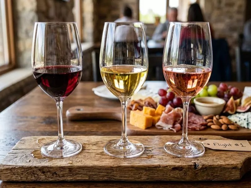A wine flight with red, white, and rosé selections, accompanied by a charcuterie board.