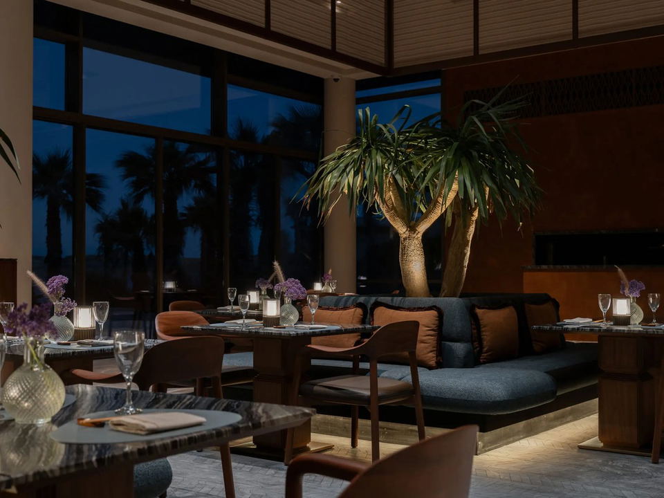 An upscale restaurant dining room at dusk with modern furnishings, dramatic palm-like tree centerpiece, and floor-to-ceiling windows overlooking palm