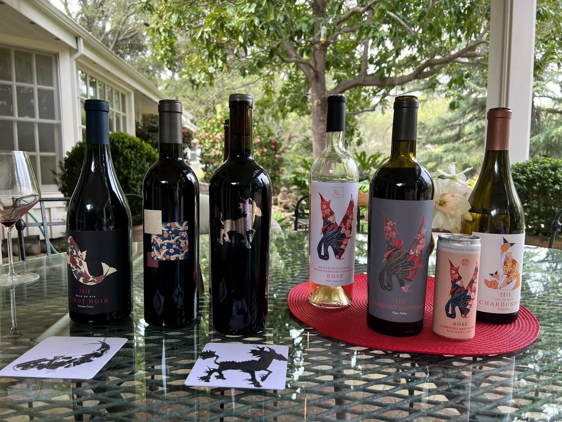 Kanpai Wines bottle lineup including Mizu No Oto, Hi No Tori and Aki No Mori at Meadowbrook Farm