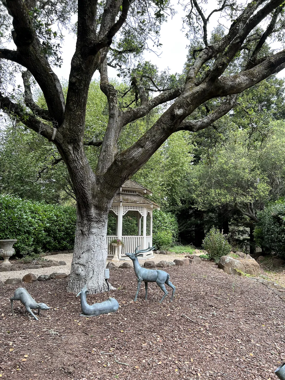 Garden gazebo and animal sculptures beneath an old oak tree at Meadowbrook Farm