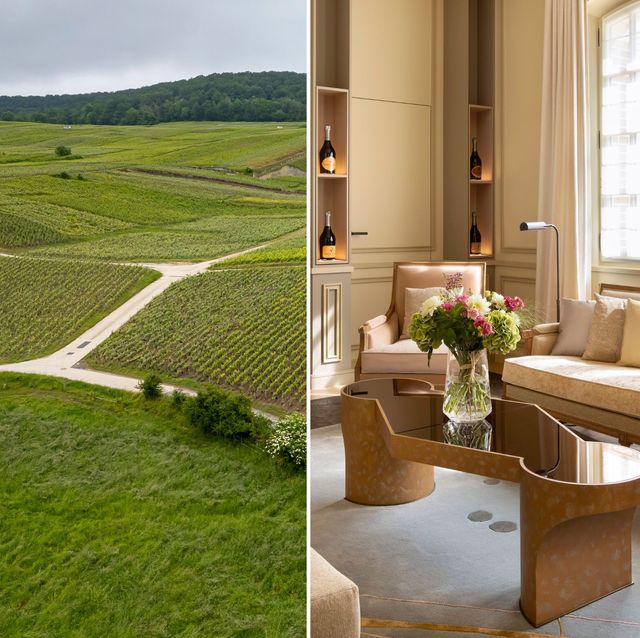 A split-image composition showing vineyard landscape on the left and an elegant restaurant interior on the right, published by Condé Nast Traveler in 