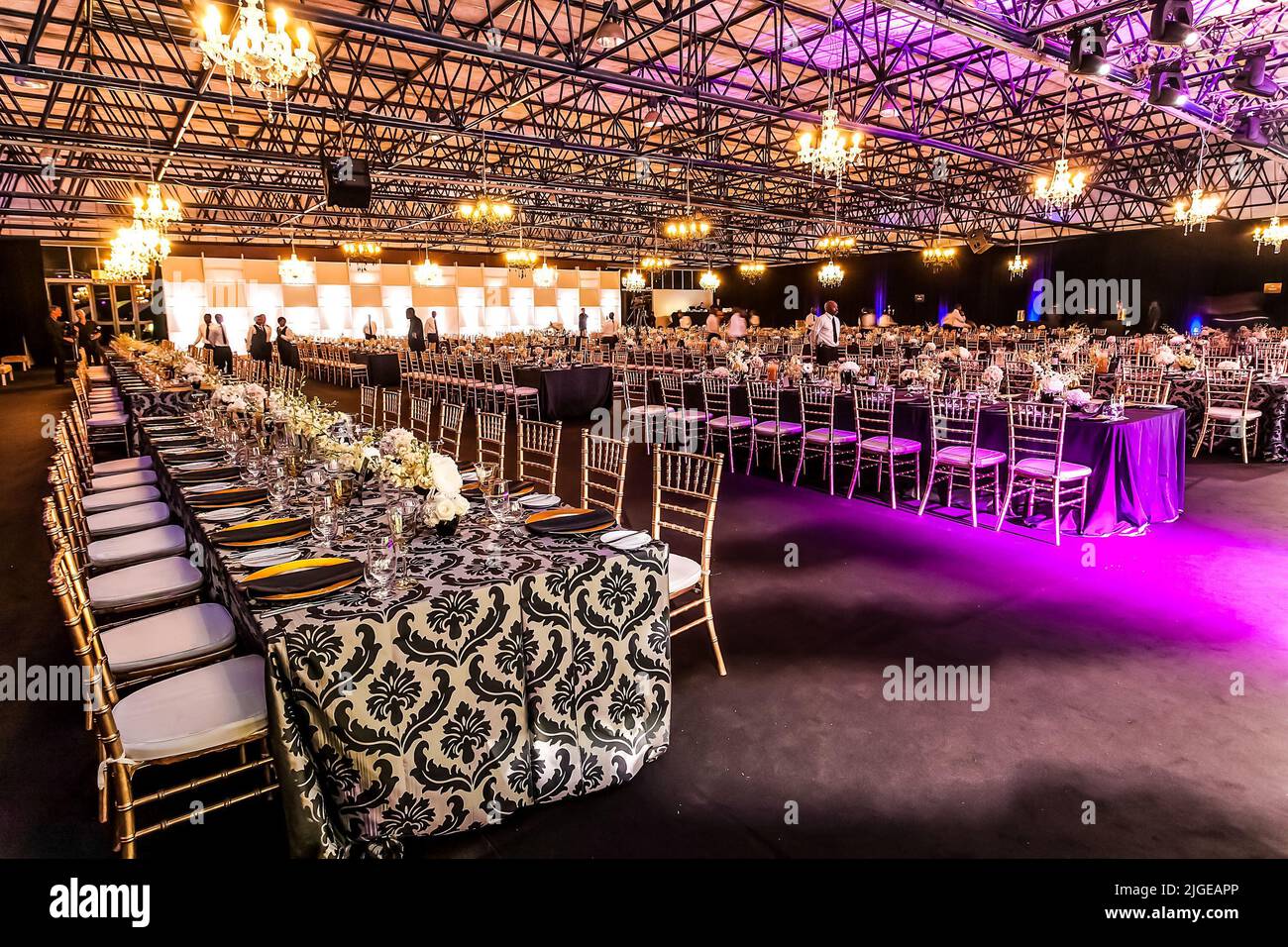 Gala Dinner, with striking purple lighting illuminating the elegant table settings throughout the expansive room.