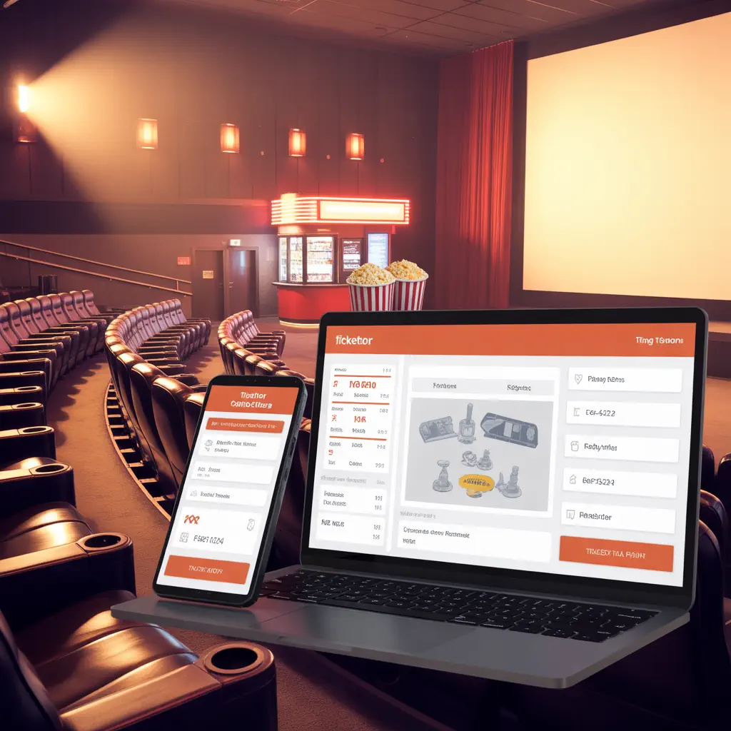 Event & Ticket Details features bright orange digital interfaces on the screens.