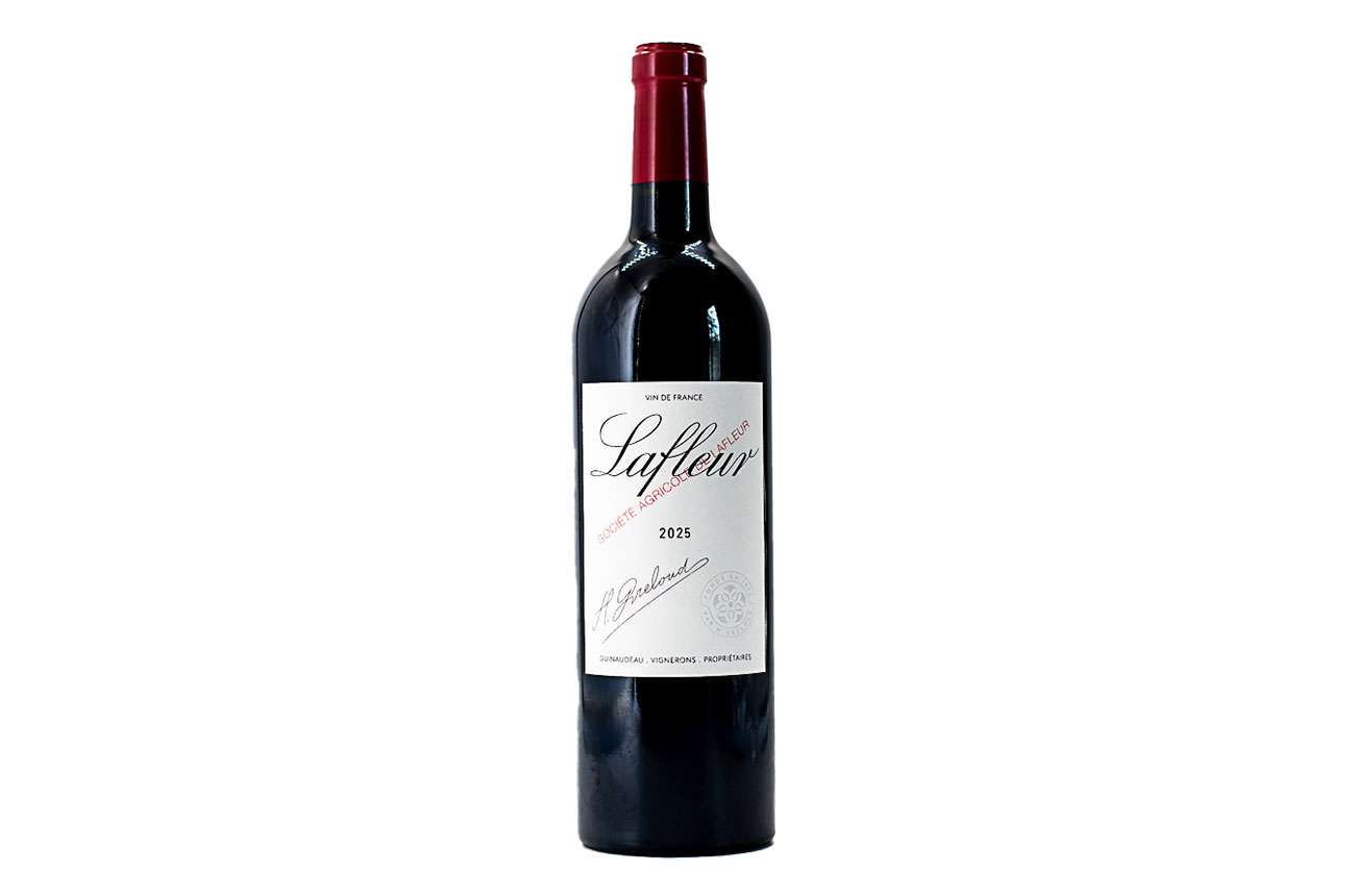 A bottle of Lafleur 2025 Vin de France with a red foil top and a white label.