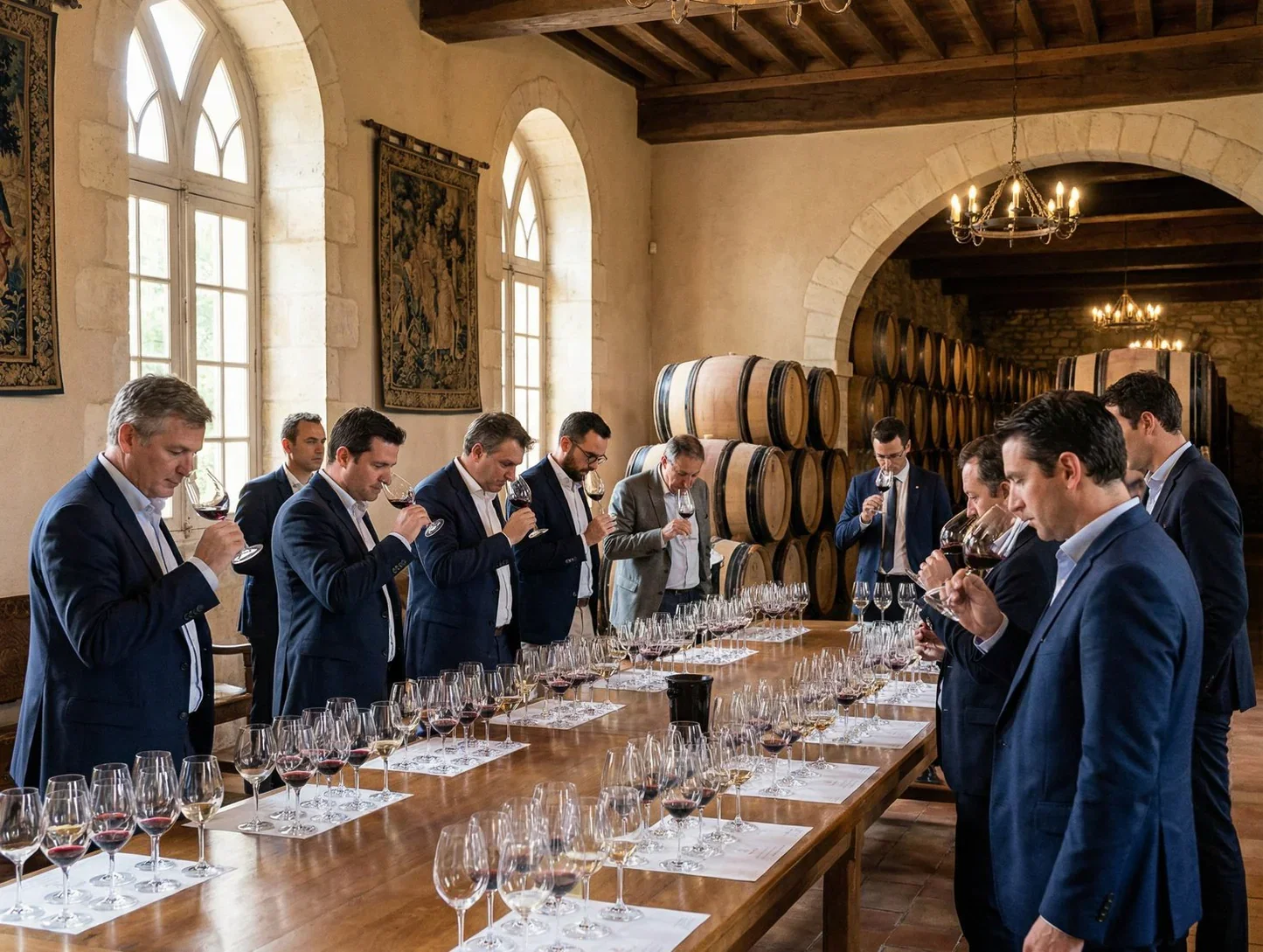 A group of wine professionals standing at a long wooden table tasting red wine from glasses, with oak barrels stacked behind them in a stone-walled cellar with arched windows.