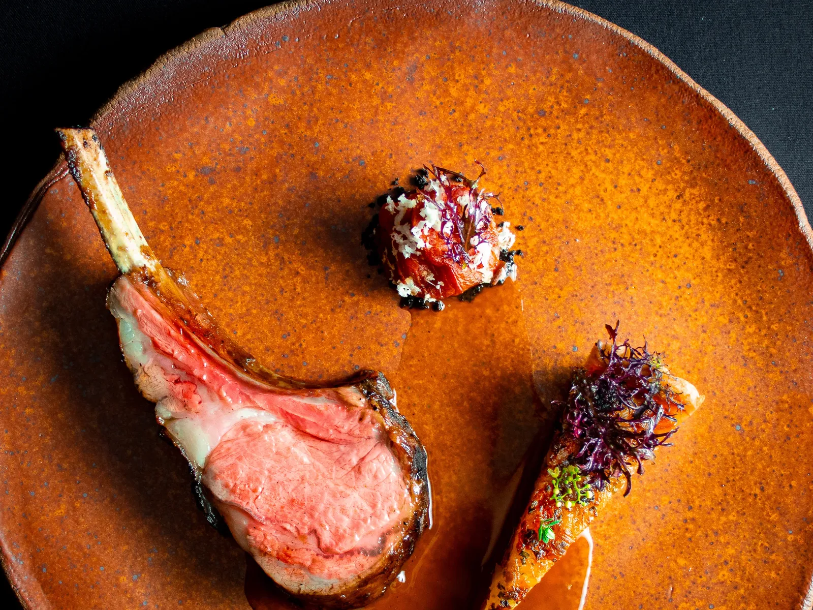 Close-up of a fine dining plate with a seared protein, fresh herbs, and artistic plating on a rust-colored dish against a dark background.