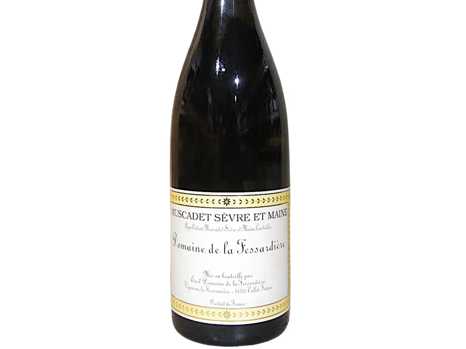 A bottle of Muscadet Sèvre et Maine wine with a yellow foil top and a white label featuring black text and gold decorative borders, Loire Valley.