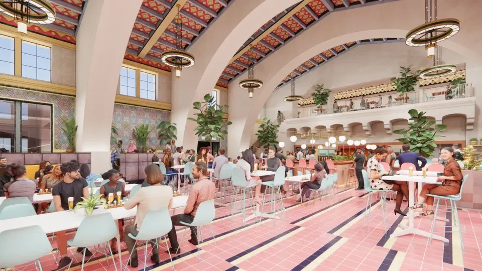 Everywhere (Union Station) features a vibrant floor of pink and dark blue geometric tiles.