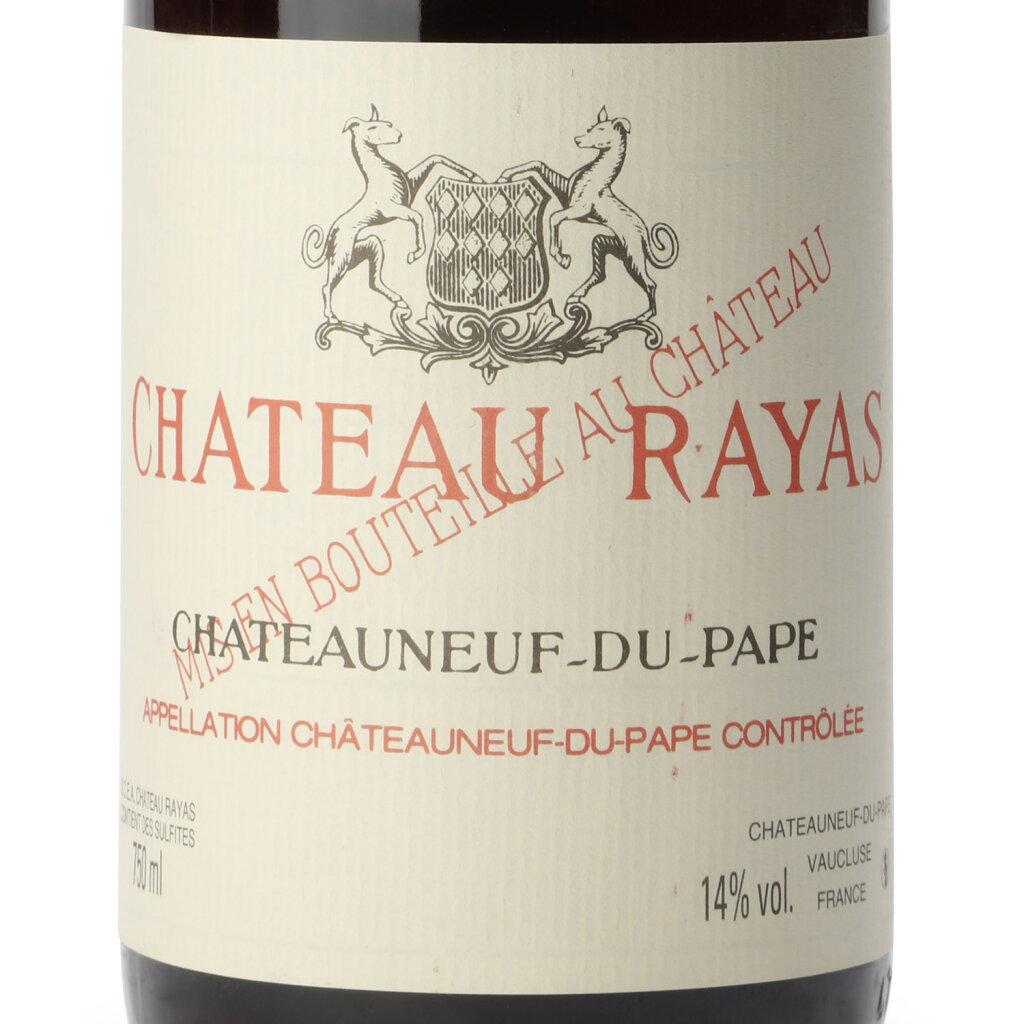A bottle of Château Rayas Châteauneuf-du-Pape with visible label text