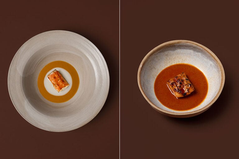 Two plated dishes, each featuring a piece of glazed protein in a sauce, on a brown background.