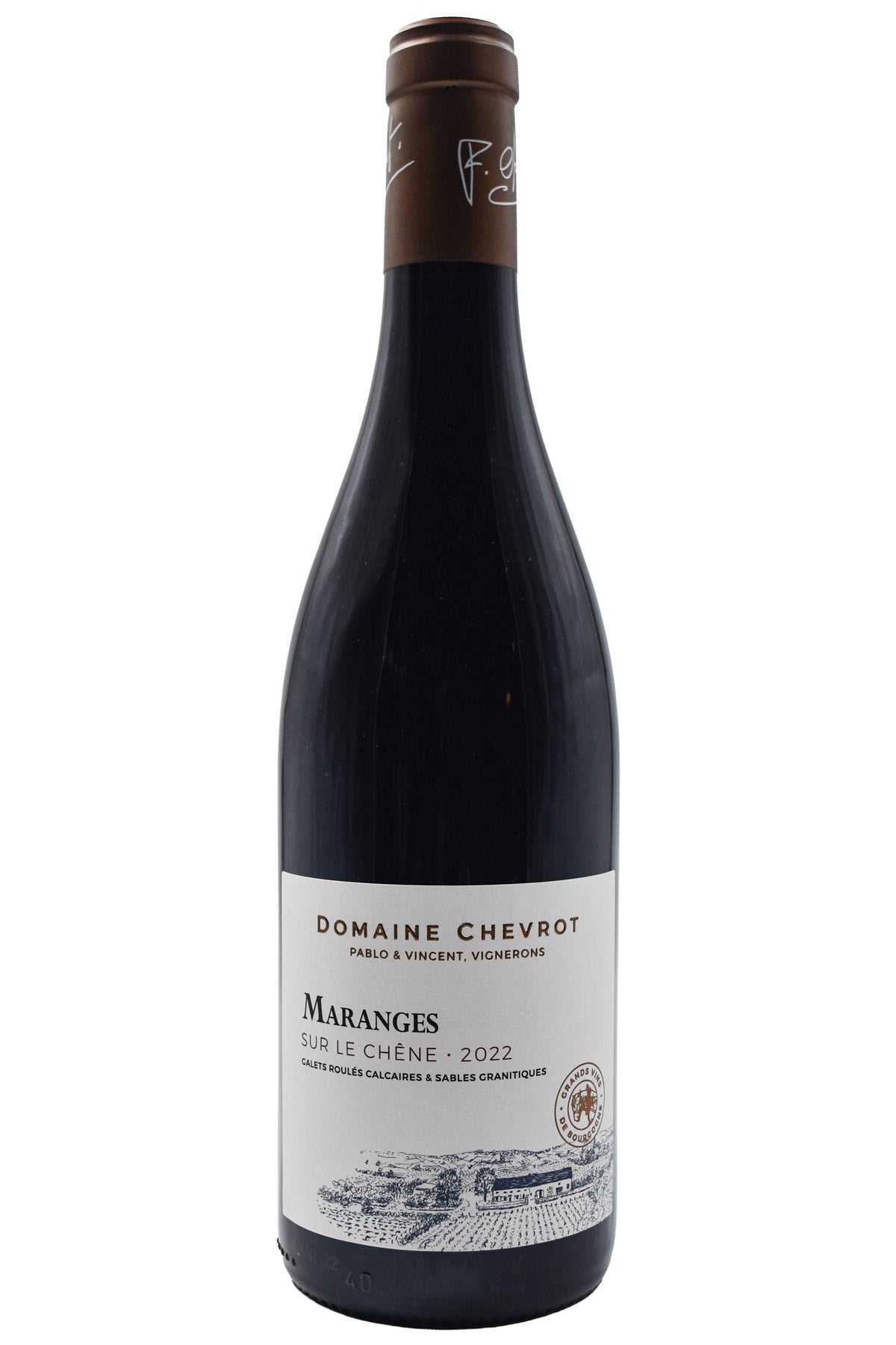 A bottle of Domaine Chevrot Maranges Sur le Chêne wine with visible label text