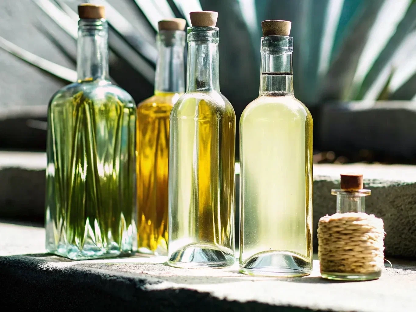 Five corked bottles of mezcal, varying in size and liquid color from green to yellow, stand on a stone surface with agave plants in the background.