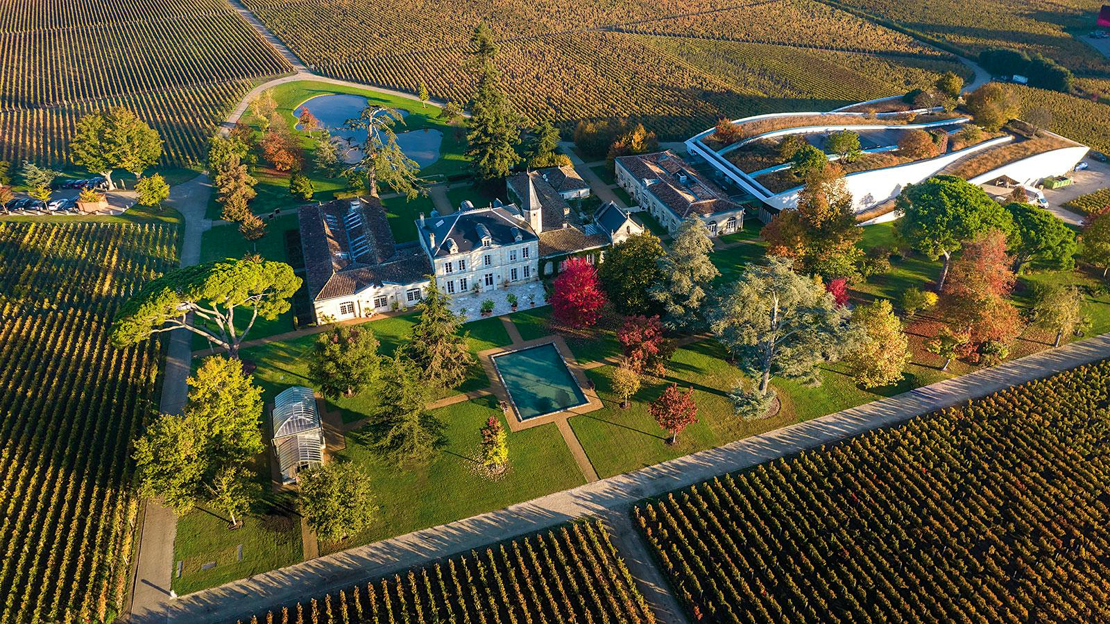Aerial view of a French château estate with classical architecture, modern winery buildings, manicured gardens with pool, and surrounding vineyard row