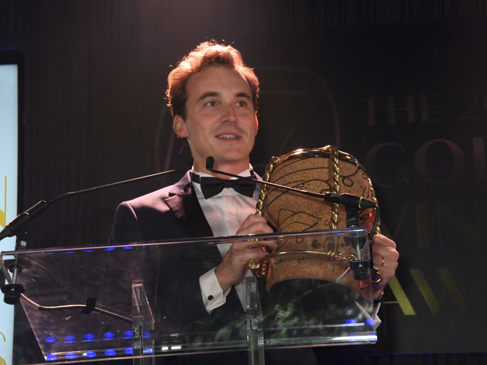 Charles Lachaux accepting the 2021 Golden Vines 'Best Rising Star' award.