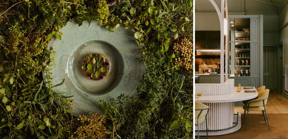 Left: an aerial view of a small composed tartlet garnished with micro herbs and dark berries in a speckled ceramic bowl, surrounded by dense live foliage including thyme, succulents, and wild berry clusters. Right: the interior of Restaurant Botanic in Adelaide, featuring sage-green panelled walls, a curved fluted white plinth separating the open kitchen from the dining room, floor-to-ceiling cabinetry with stacked ceramics, and velvet gold upholstered chairs around a semi-circular white table set for two.