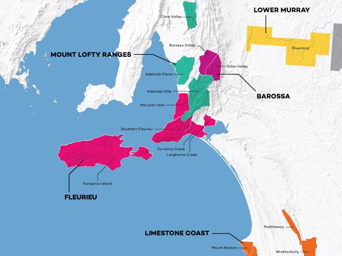 A map of South Australian wine regions, including Mount Lofty Ranges, Barossa, Fleurieu, Lower Murray, and Limestone Coast.