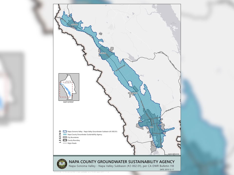 A map from the Napa County Groundwater Sustainability Agency shows the Napa-Sonoma Valley - Napa Valley Subbasin highlighted in blue.