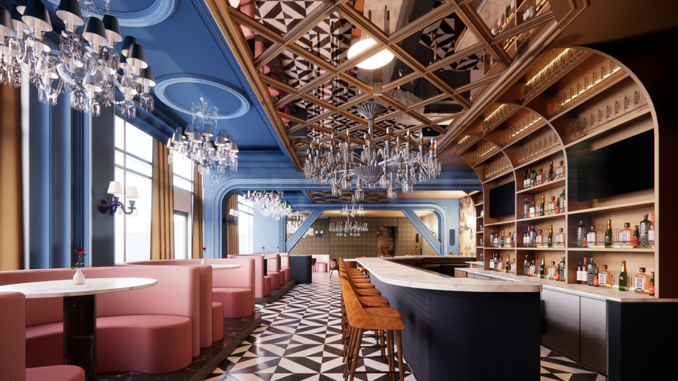 Bambola (Seaport) features plush pink booths, offering a comfortable and stylish seating area.