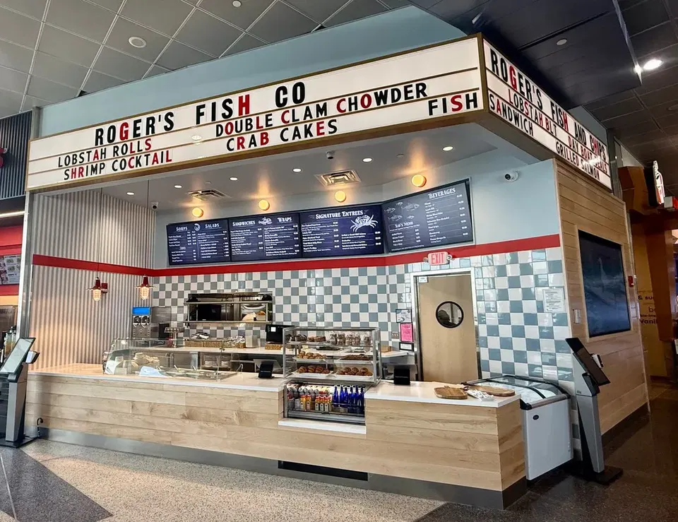 Roger's Fish Co. (East Boston / Logan Airport) features a striking blue and white checkerboard tile pattern.
