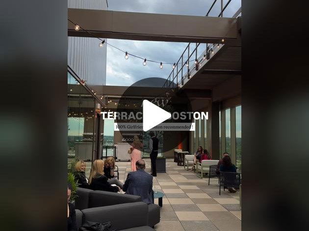 Foxglove Terrace: Rooftop bar with string lights, modern furniture, and guests socializing under a cloudy sky.
