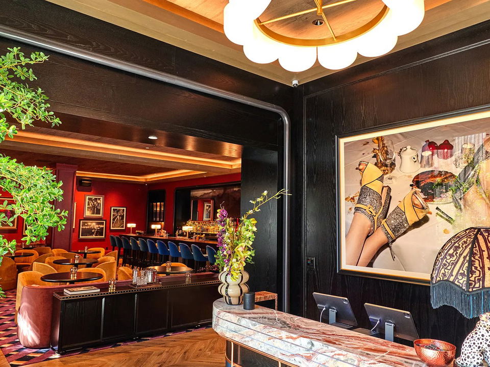 The upscale interior of Maple & Ash in Boston's Seaport, featuring dark wood walls, warm lighting, velvet lounge seating, a long bar with blue