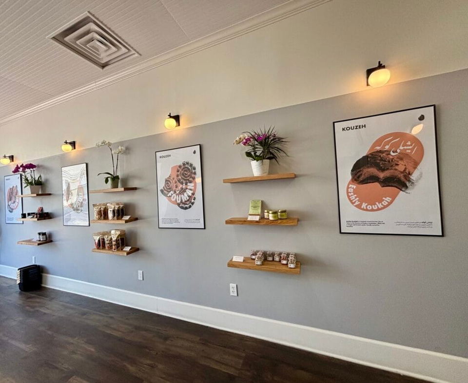 Kouzeh (Mid-Wilshire) displays its offerings on sleek, light-colored floating wooden shelves.
