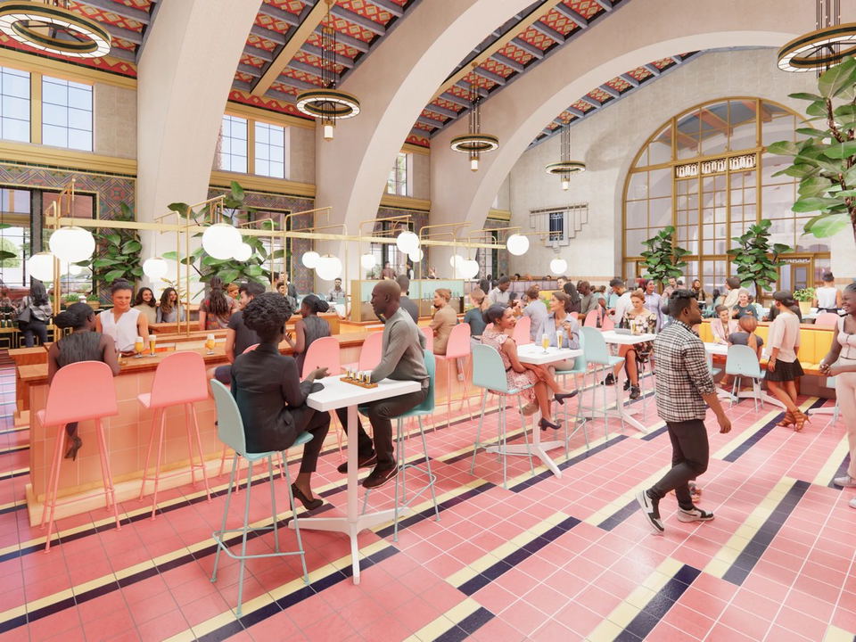 A vibrant, rendered interior of Everywhere Beer taproom at Union Station, featuring arched ceilings, colorful tiled floors, and globe pendant lights.