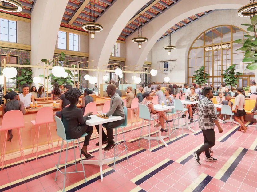 Everywhere: A vibrant taproom scene within the historic Spanish Colonial Revival architecture of Los Angeles Union Station.