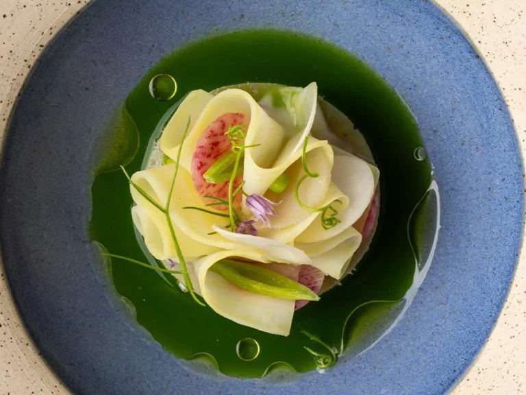Jacaranda's artichoke flower course, an elegant dish with shaved petals in a vibrant green broth.