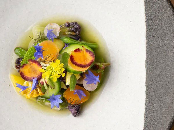 Jacaranda: An elegantly plated fine-dining course featuring raw and grilled vegetables and edible flowers.