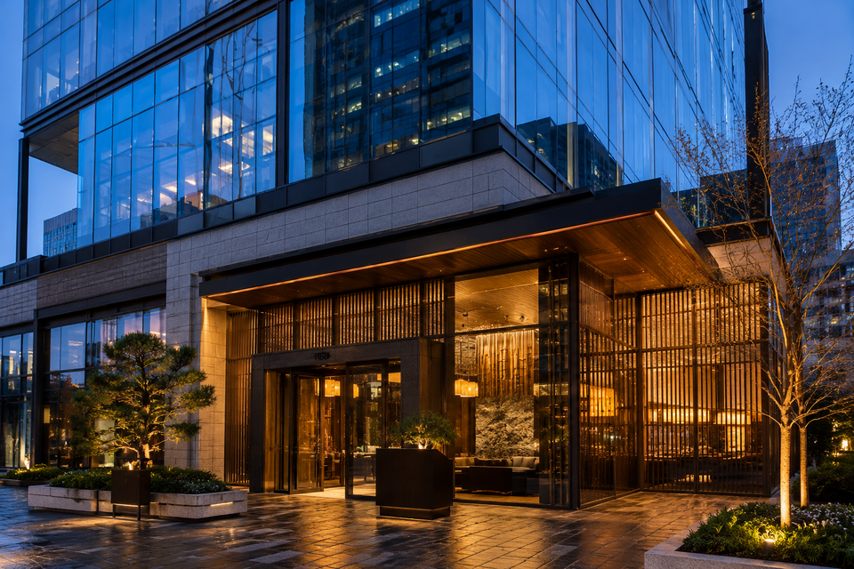 The illuminated entrance of Nobu Bellevue Residences at dusk, showcasing its modern glass and stone facade with warm interior lighting and lush