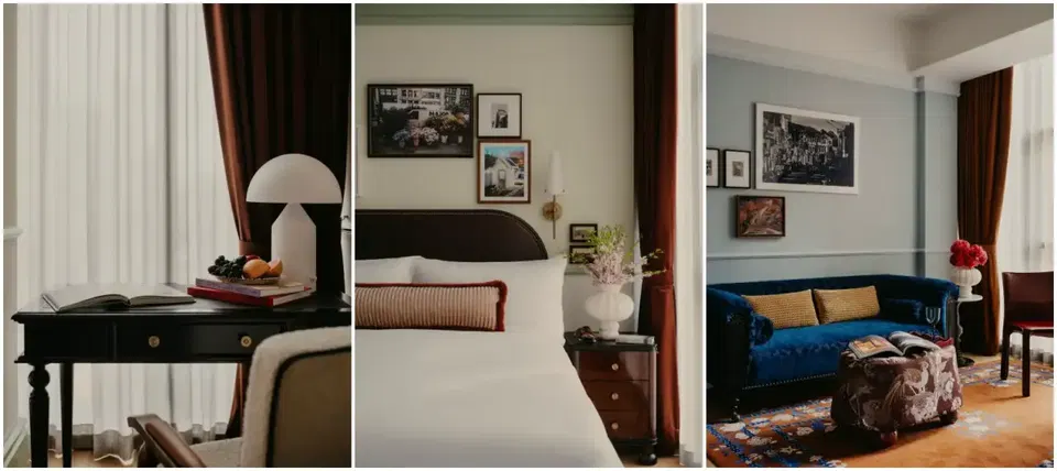 Three-panel hotel room interior showing a desk with lamp, a bed with dark headboard, and a blue velvet sofa with living area