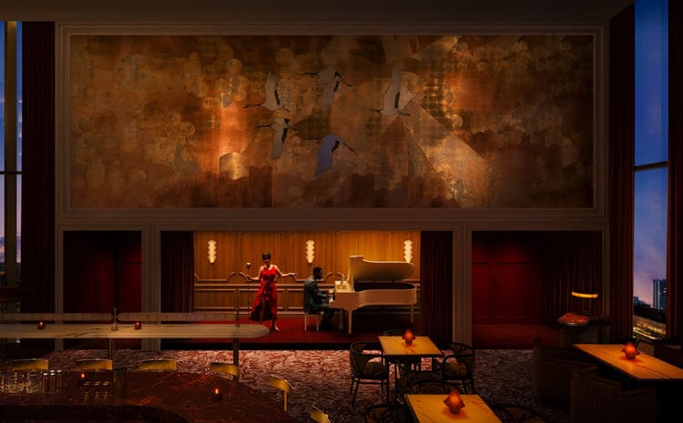 A large-scale commissioned artwork depicting abstract figures in warm earth tones is displayed above a hotel lounge/dining space with a grand piano, m