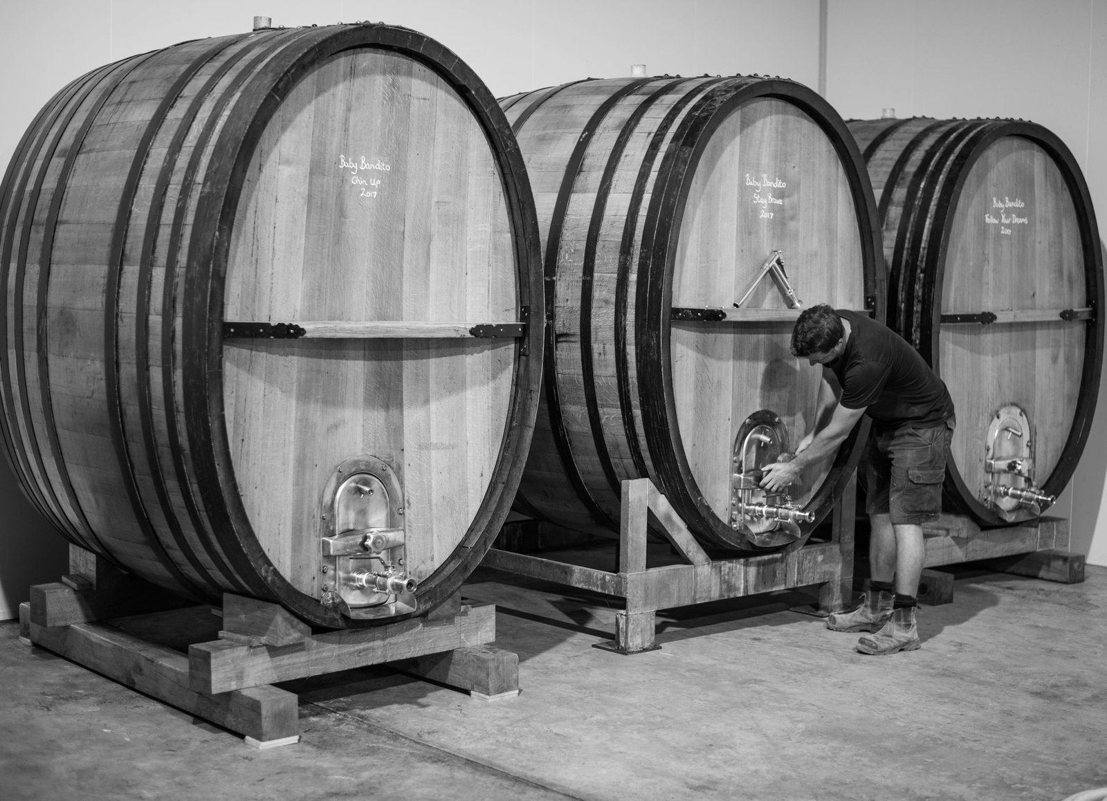 Black and white photograph of a man in dark clothing working with three large wooden wine barrels mounted on wooden supports in an indoor cellar space.