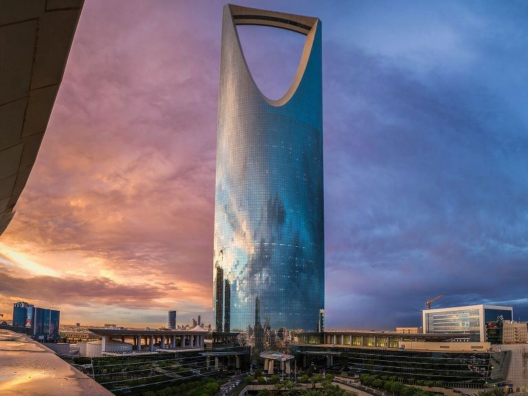 Four Seasons Hotel Riyadh at Kingdom Centre: where high tea meets iconic architecture under a dramatic sky.