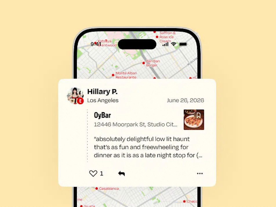 A mobile phone screenshot showing the Eater app interface with a user review of 'OyBar' in Los Angeles.