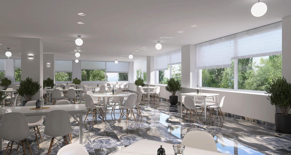A bright, modern restaurant dining room with white tables and chairs, large windows, and potted plants, featuring a dark, swirling marble floor.