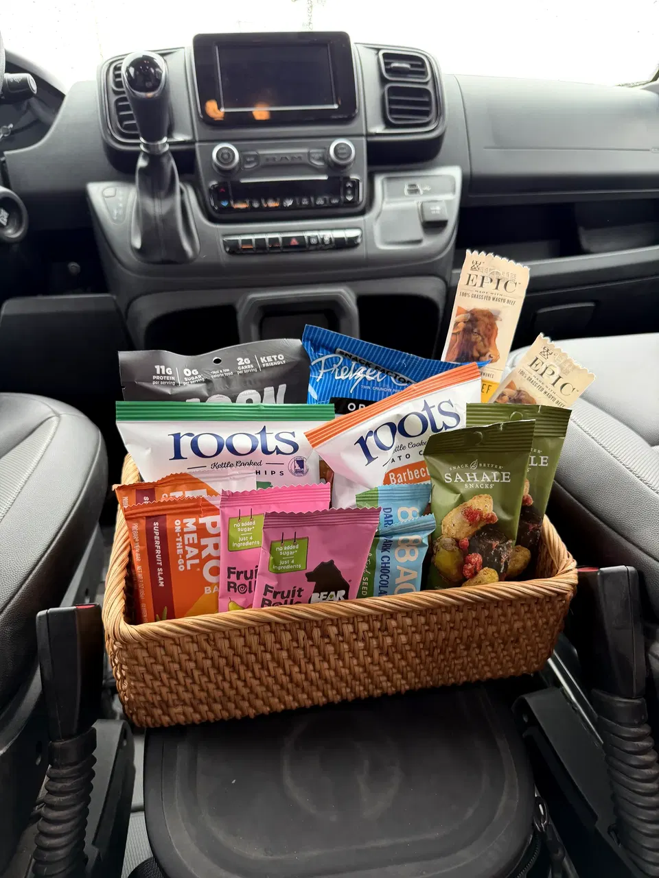 Basket of snacks waiting inside the Paws Up airport shuttle