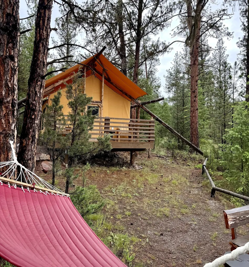 Eagle's Nest glamping tent and hammock in the trees at Paws Up Cliffside Camp