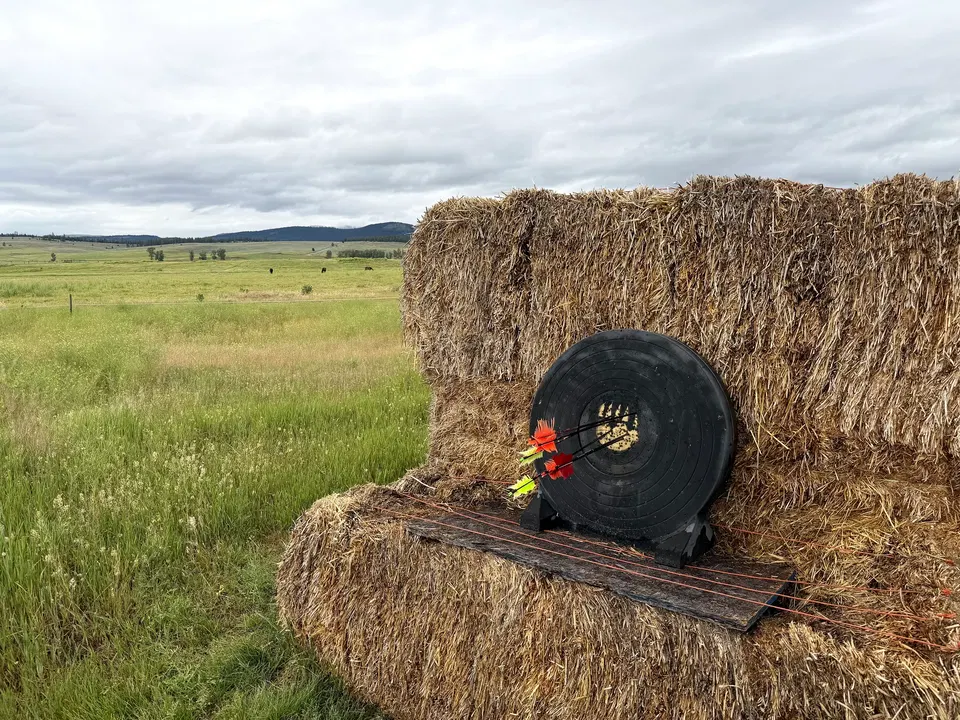 Archery target and arrows against hay bales at the Paws Up practice range