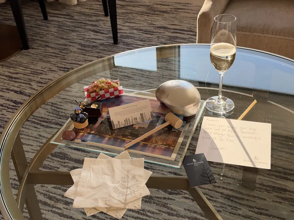 Bean-shaped chocolate welcome with a mallet and pastries at Four Seasons Chicago