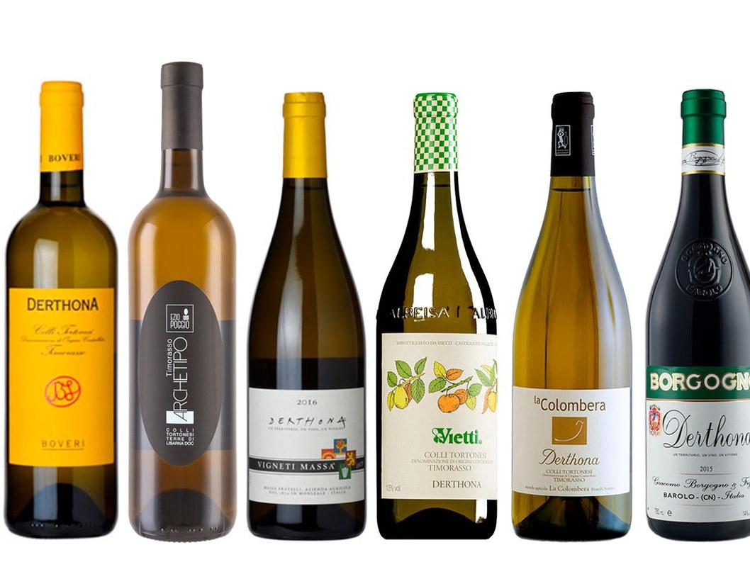 Bottles of Timorasso wines, including Derthona, Vietti, and Vigneti Massa, showcase the forgotten grape's revival.