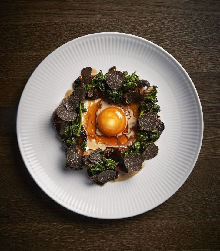 A plated steak tartare dish with a golden egg yolk center, surrounded by crispy kale and shaved black truffles on a white ridged plate.