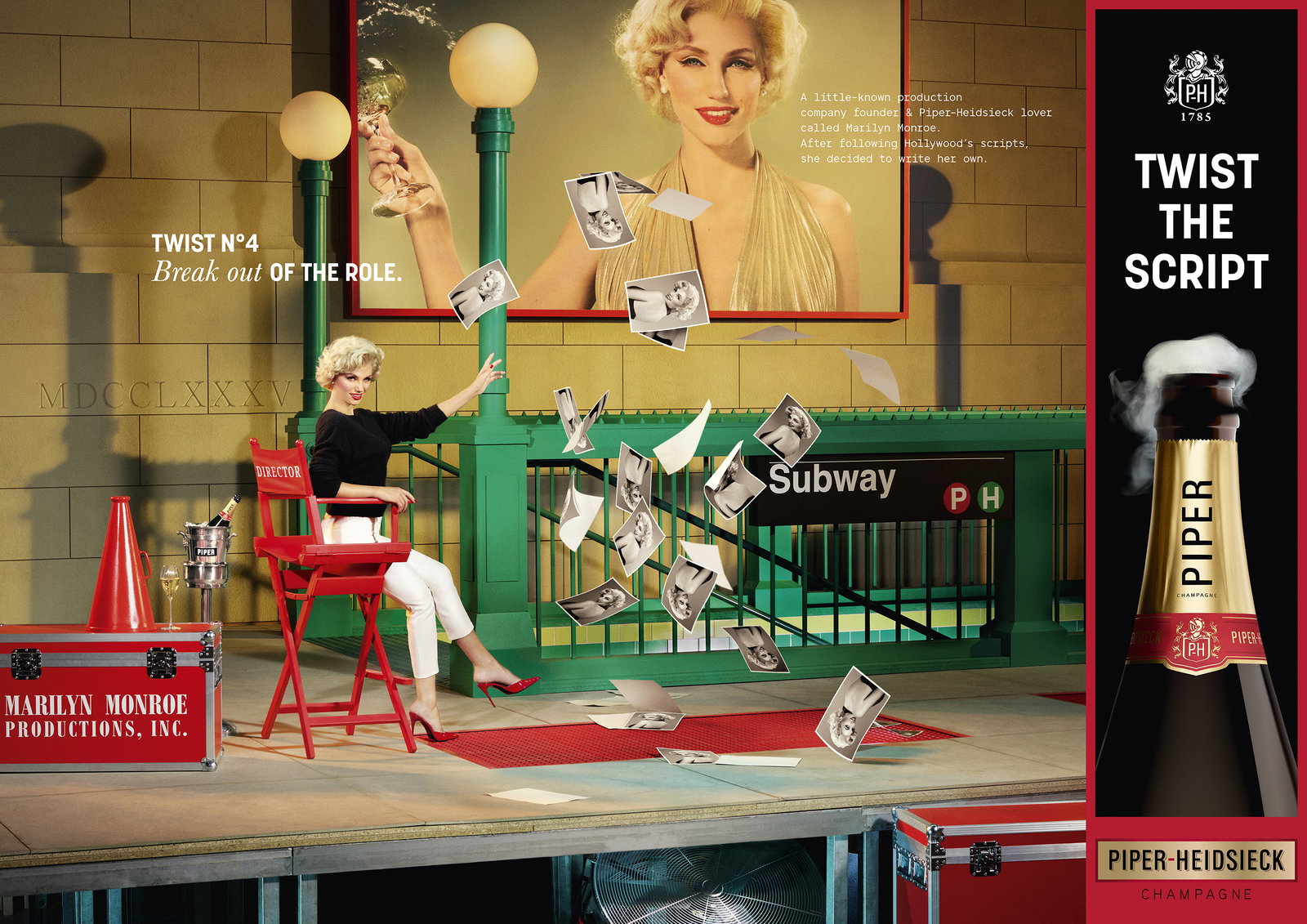 Marilyn Monroe, a Piper-Heidsieck lover, breaks free from scripts, celebrating her centennial with Piper-Heidsieck.