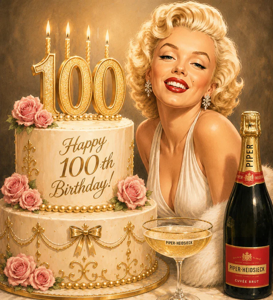 Marilyn Monroe smiles next to a large tiered cake with "Happy 100th Birthday!" and golden "100" candles, with a bottle and glass of Piper-Heidsieck