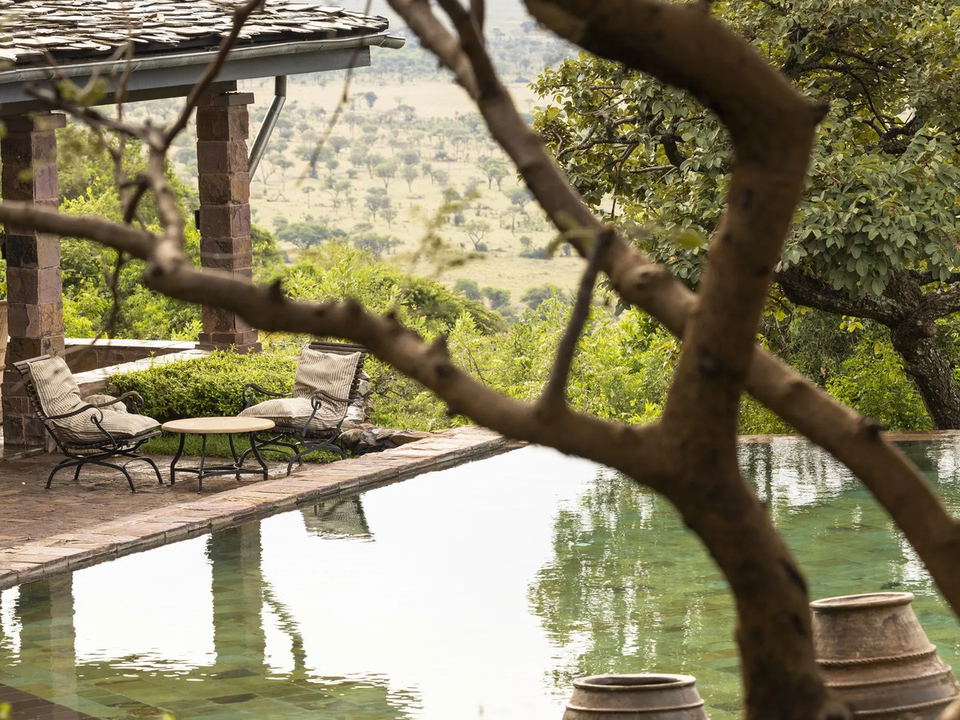 An infinity pool deck with lounge chairs and a stone-pillared pergola overlooking a savanna landscape, framed by tree branches.