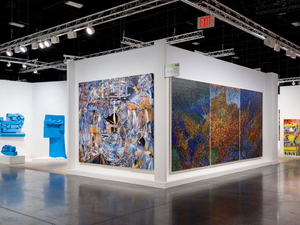 Art Basel: A gallery booth at the fair with large-scale contemporary paintings and blue sculptural works.