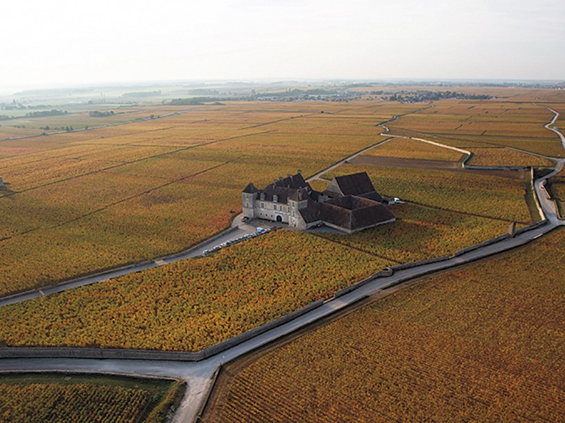 Aerial view of Château du Clos de Vougeot, a large stone building with red roofs, surrounded by golden autumn vineyards.