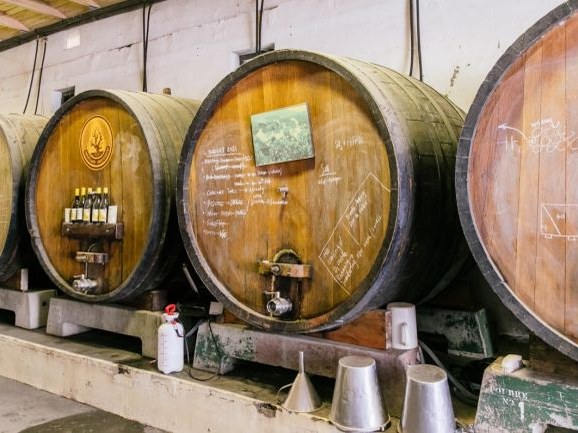 Large wooden wine barrels with chalk writing and wine bottles displayed on them inside a rustic cellar at AA Badenhorst Family Wines.
