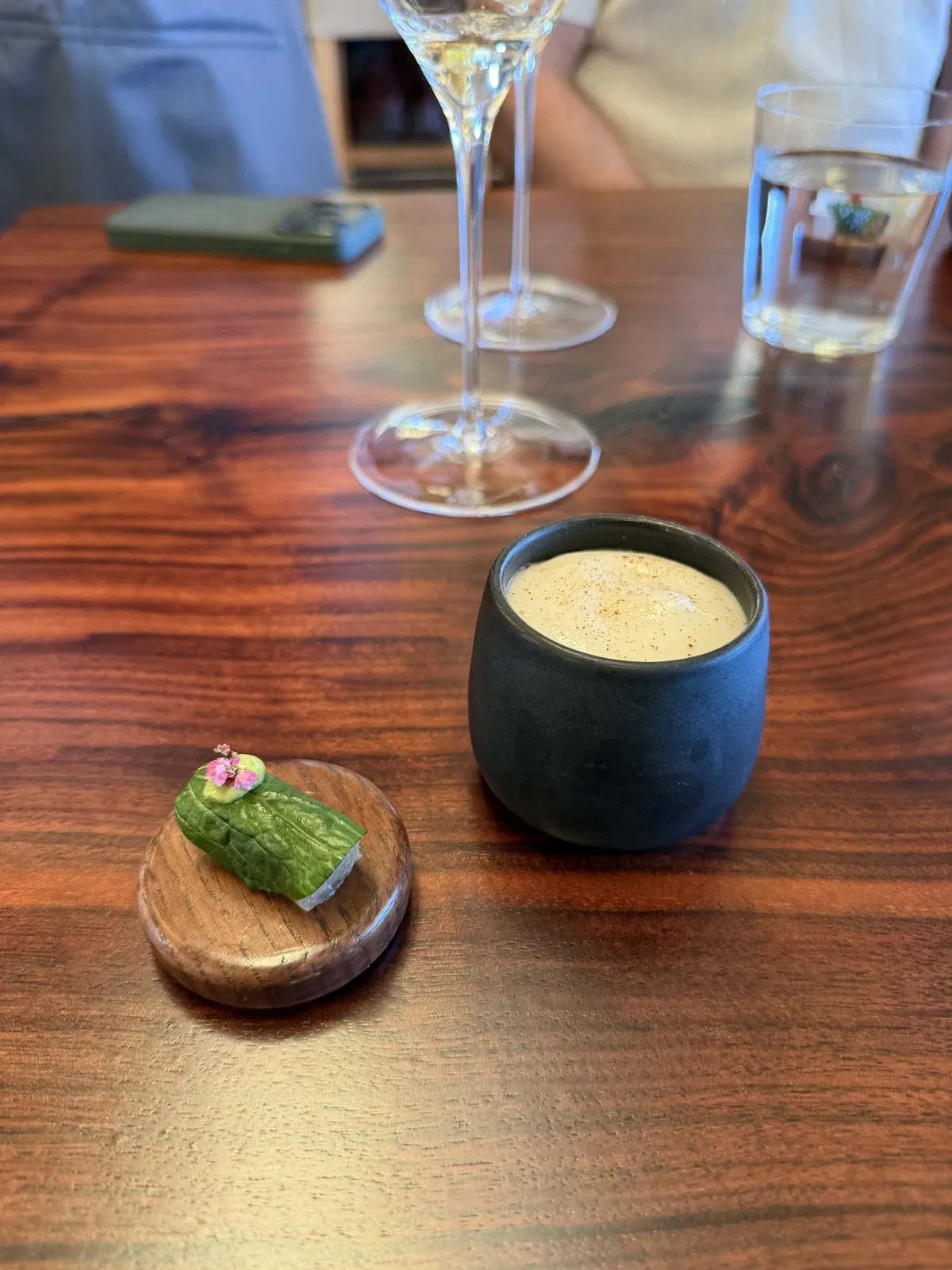 Two delicate opening bites served at the start of dinner at PRESS